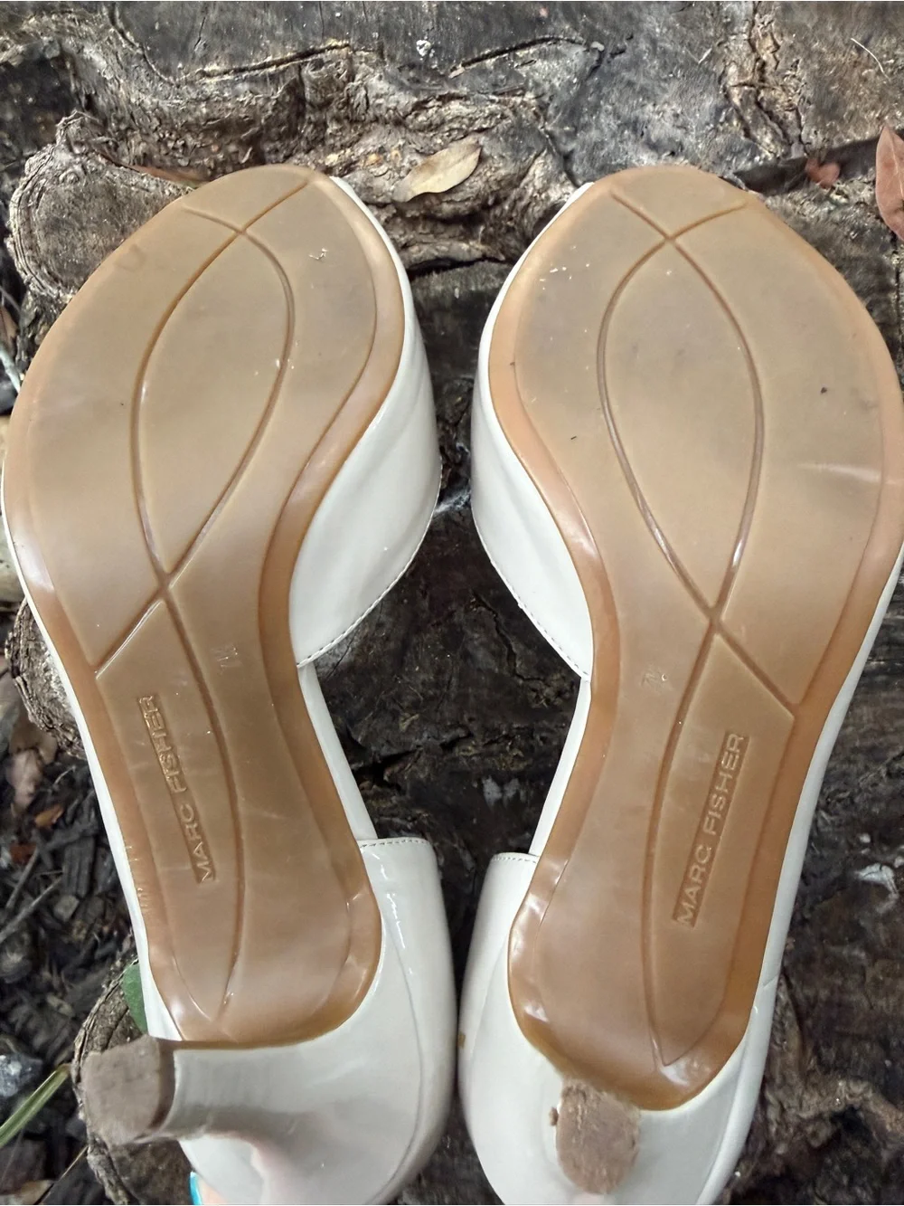 Marc Fisher Patent Open-Toe Pumps in Beige